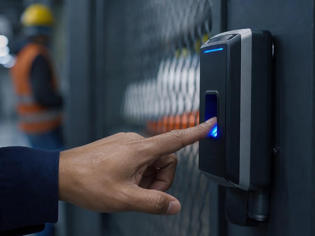 Colaborador registrando a retirada de EPI em leitor biométrico industrial