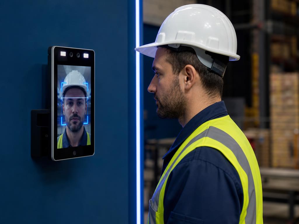 Trabalhador com capacete sendo identificado por terminal de reconhecimento facial