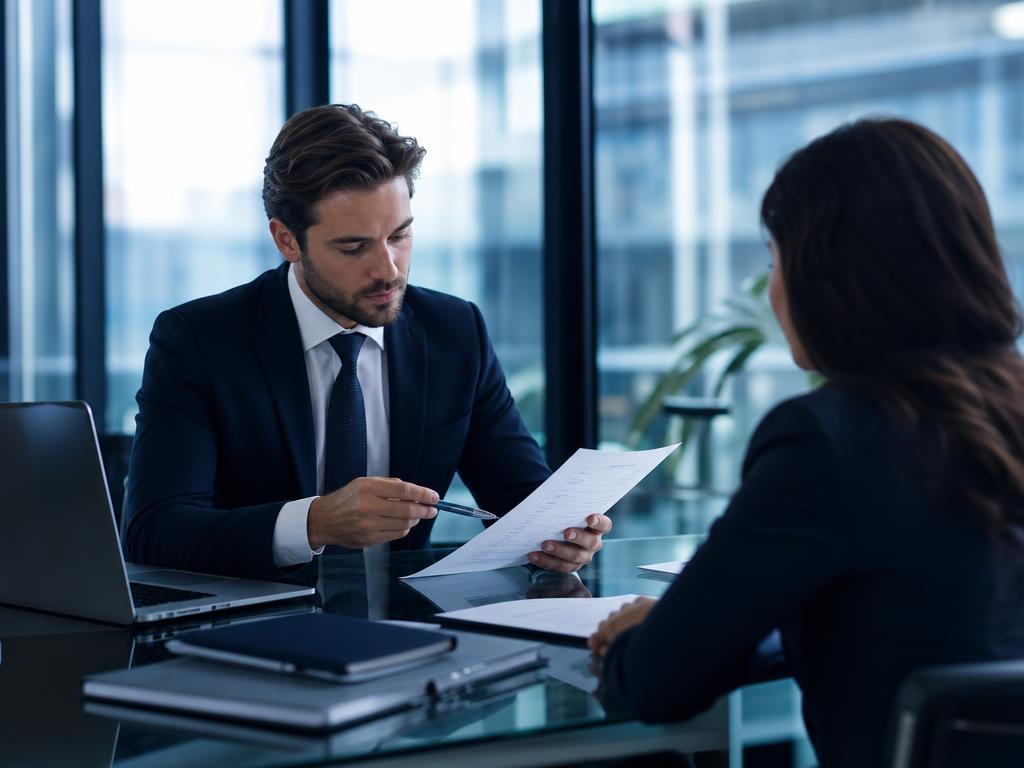 Consultor revisando documentação de conformidade trabalhista com cliente